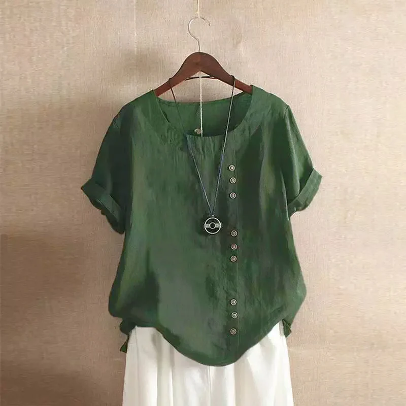 Blouse Femme Lin Rose Élégante Manches Courtes