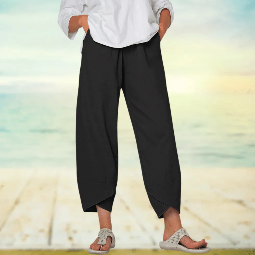 Pantalon large confortable en lin beige femme