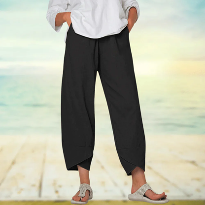 Pantalon large confortable en lin beige femme