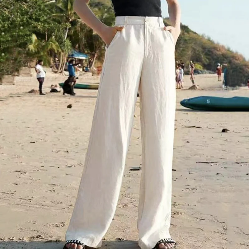 Pantalon Lin Élégant Blanc Femme