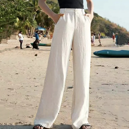 Pantalon Lin Élégant Blanc Femme