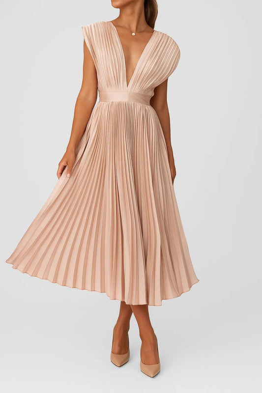 Robe Femme Chic Plissée – Robe Élégante Mi-Longue avec Décolleté Profond - LuxeStyle