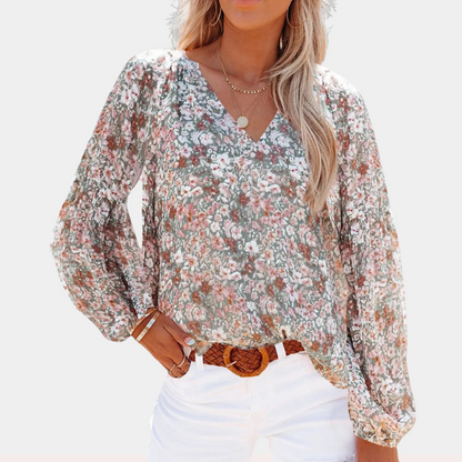 Blouse Dame Élégante Manches Longues Fleurs Tropicales