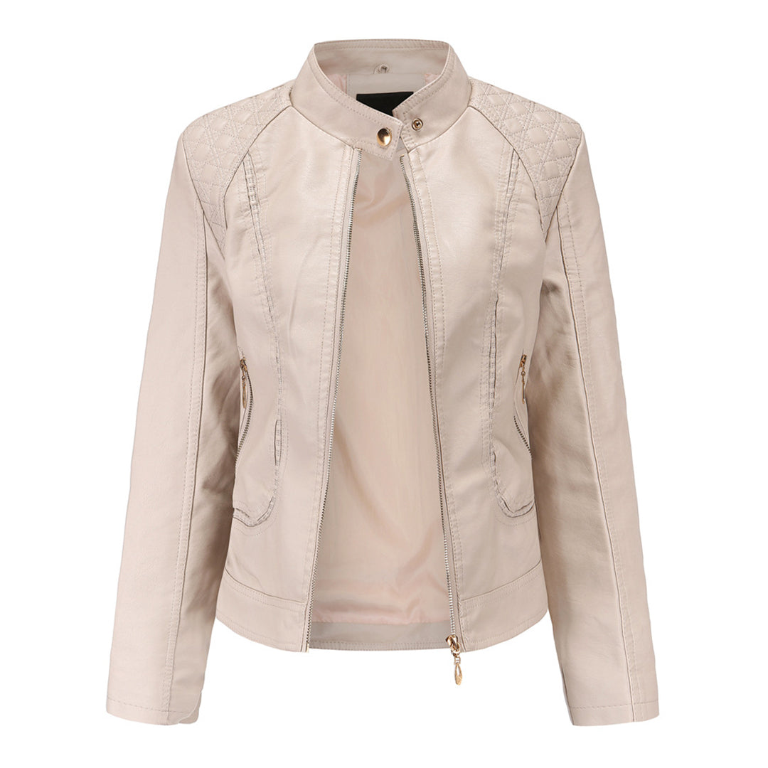 Veste Cuir Féminine – Col Montant Élégant, Fermeture Éclair & Design Tendance