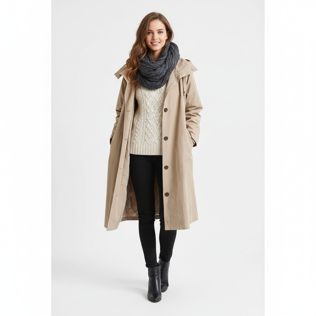 Manteau Femme Long Élégant avec Capuche et Taille Relâchée