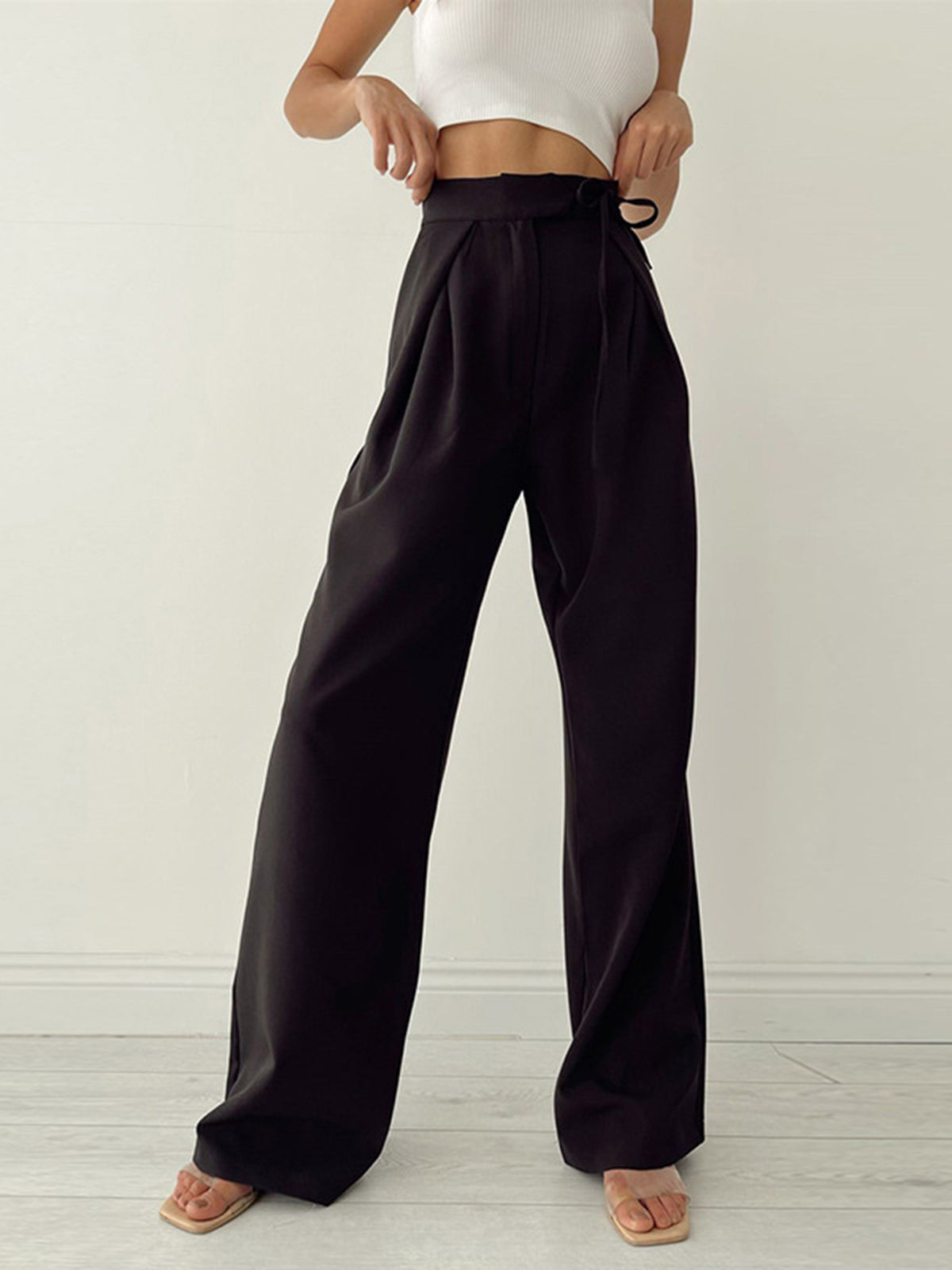 Pantalon décontracté taille haute beige femme