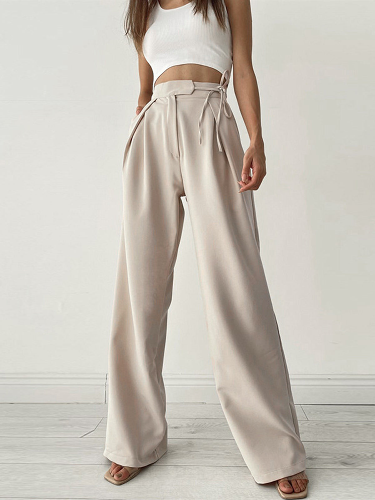 Pantalon décontracté taille haute beige femme - LuxeStyle