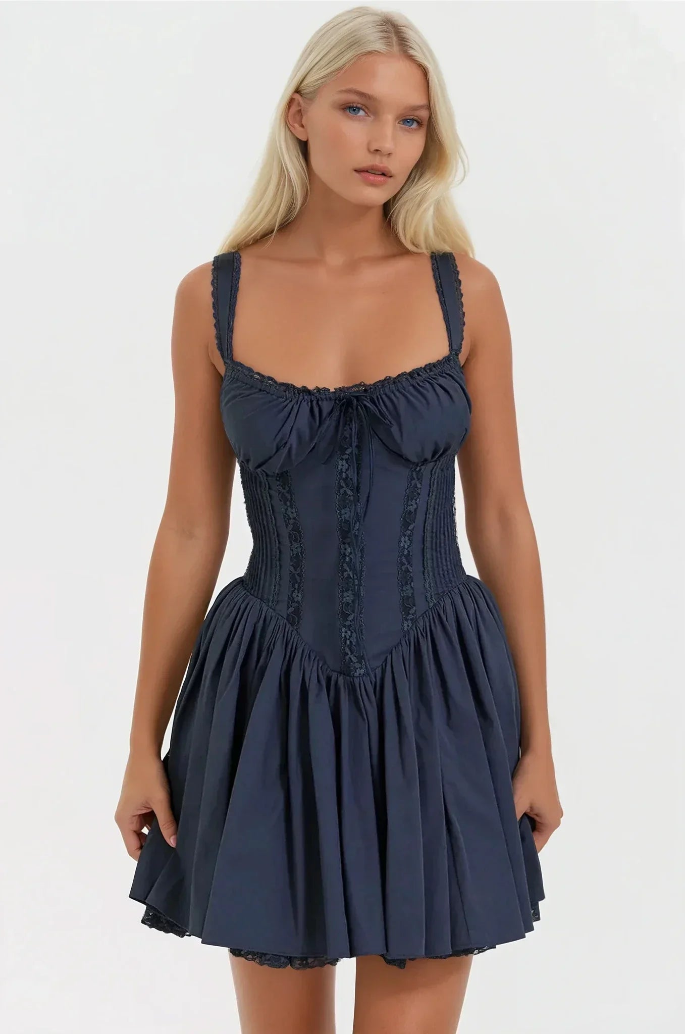 Robe Femme Élégante - Robe Satin Corset avec Jupe Plissée & Décor Dentelle
