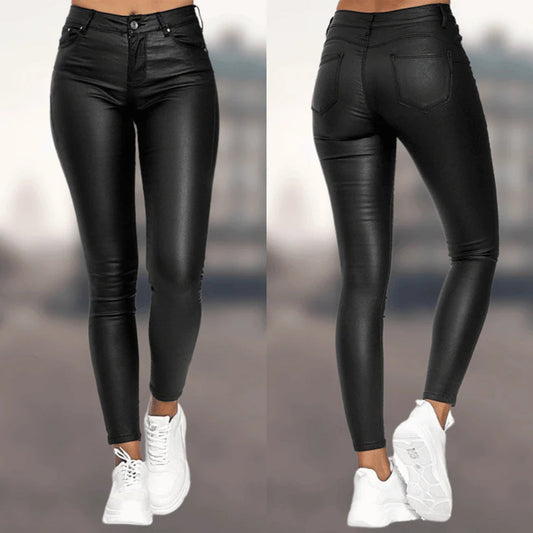 Pantalon cuir noir femme élégant étroit - LuxeStyle