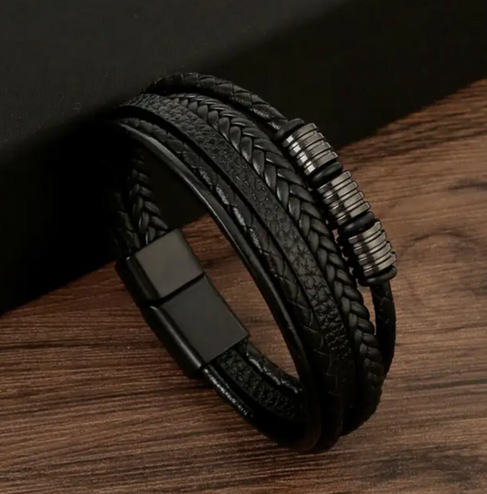 Bracelet Cuir Tressé Noir Élégant - LuxeStyle