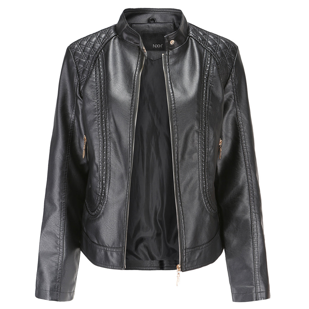 Veste Cuir Féminine – Col Montant Élégant, Fermeture Éclair & Design Tendance - LuxeStyle