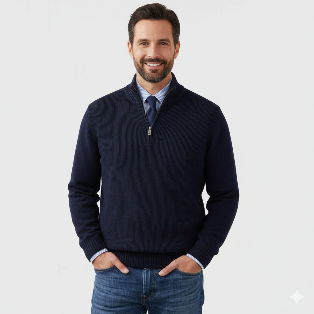 Pull Homme Zip Haut Décontracté – Tricot Confort Doux avec Col Zippé