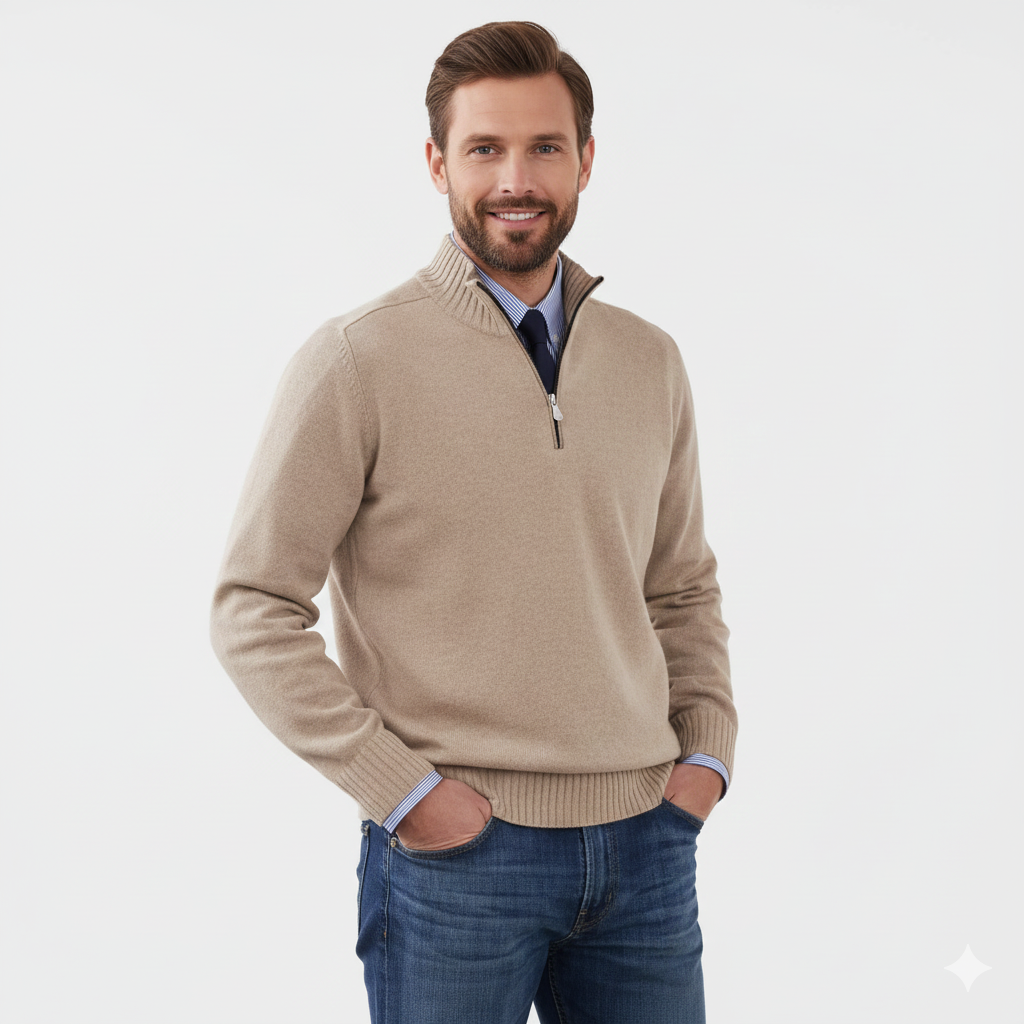 Pull Homme Zip Haut Décontracté – Tricot Confort Doux avec Col Zippé