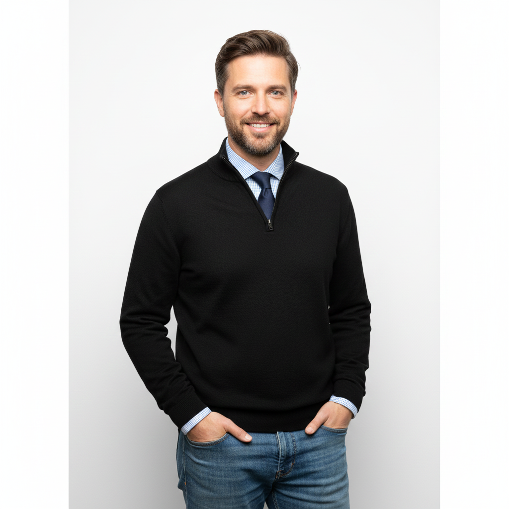 Pull Homme Zip Haut Décontracté – Tricot Confort Doux avec Col Zippé