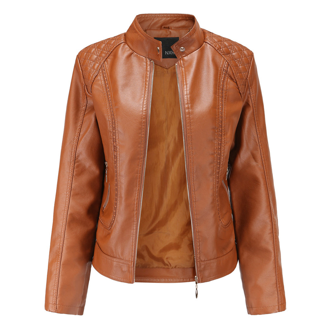 Veste Cuir Féminine – Col Montant Élégant, Fermeture Éclair & Design Tendance