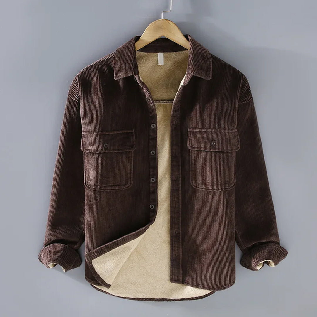 Veste Cuir Homme en Corduroy Doublé Fourrure avec Fermeture Boutons