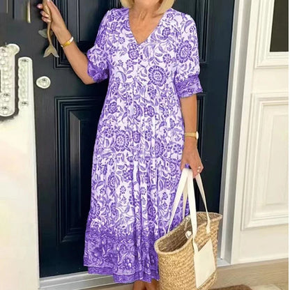 Floresia™ – Robe Longue Femme Fleurie Décolleté en V Confort Été