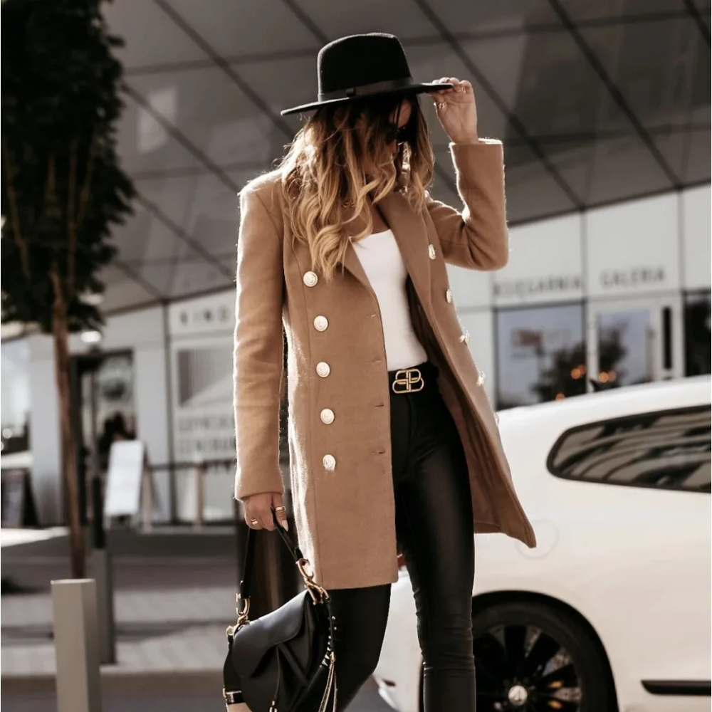 Manteau Réversible Femme Élégant en Laine Mélange avec Fermeture Boutons