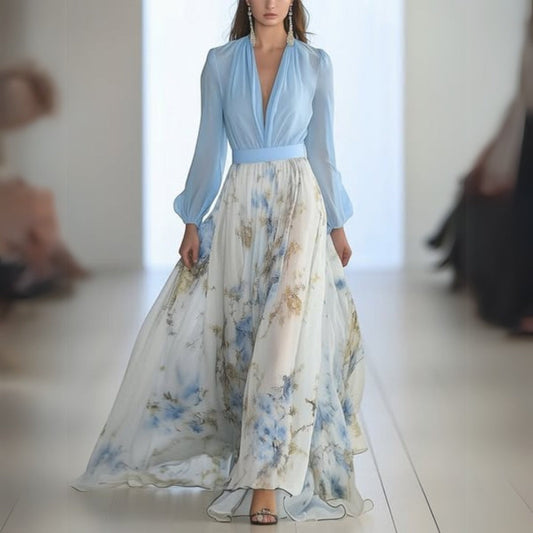 Robe Femme Élégante Imprimée Floral, Légère et Confortable Bleu Clair - LuxeStyle