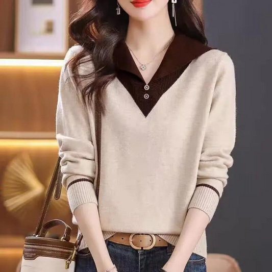 Ciri - Pull Femme Élégant avec Encolure en V et Détails Patchwork