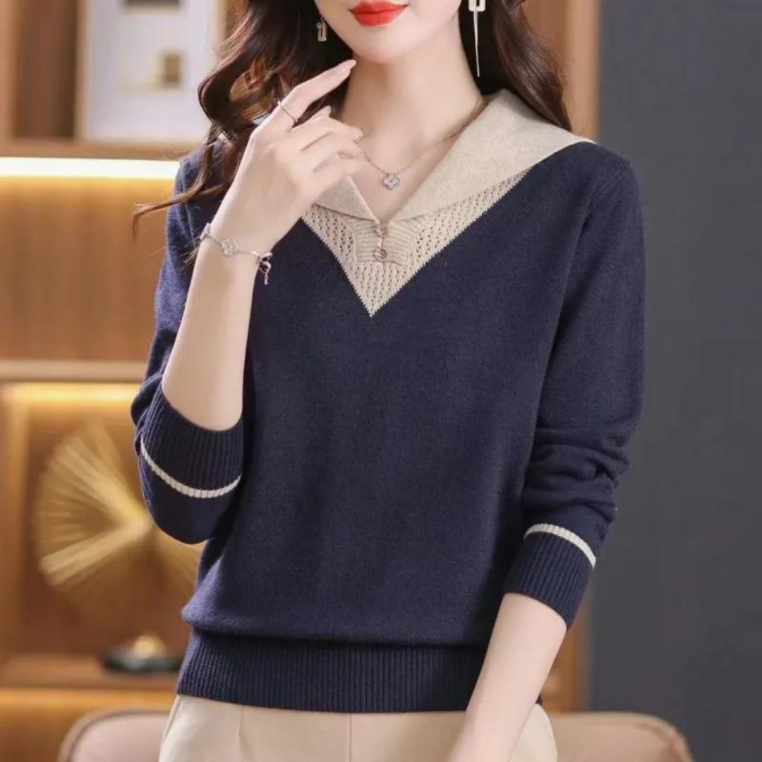 Ciri - Pull Femme Élégant avec Encolure en V et Détails Patchwork
