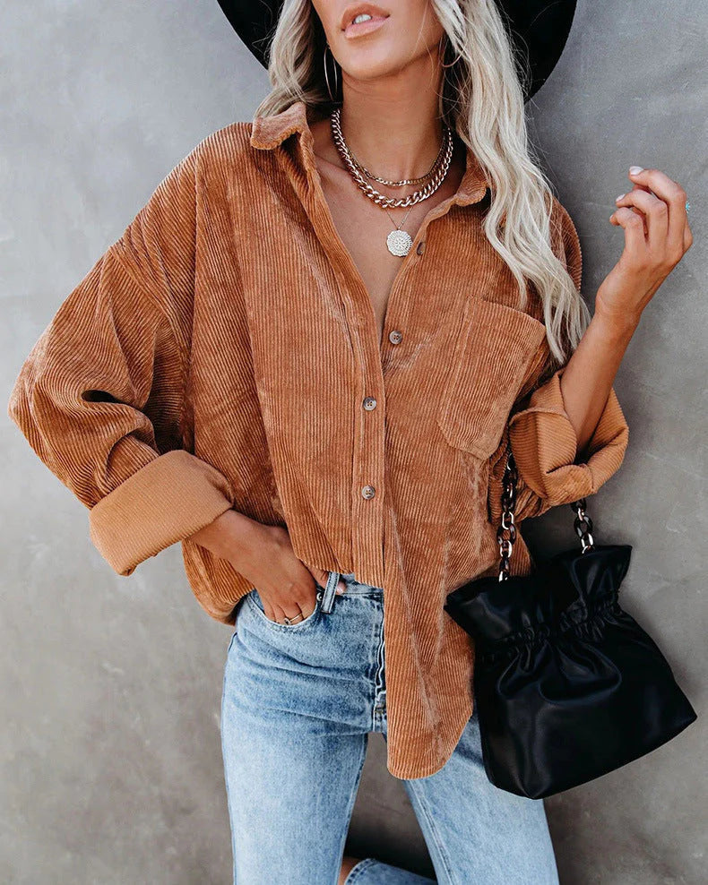 Chemise Femme Chic – Chemise Élégante en Velours Confort avec Poche Avant