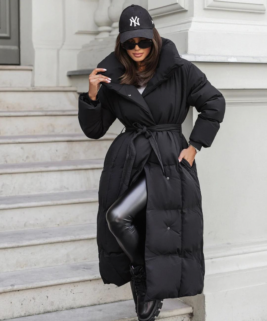 Manteau femme long doublé noir élégant ceinturé - LuxeStyle