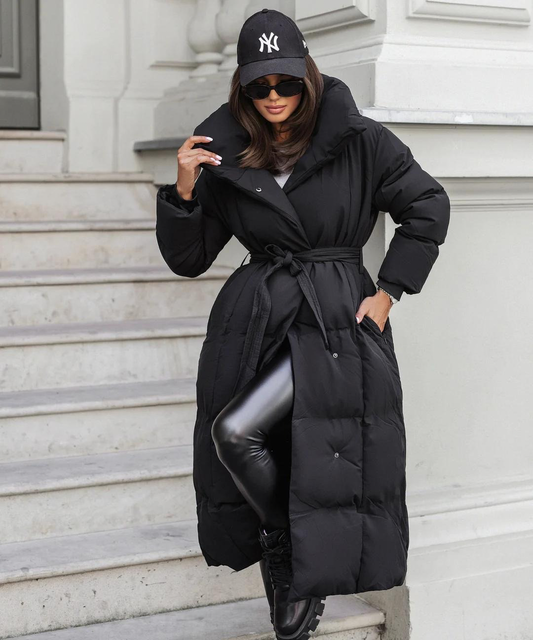 Manteau femme long doublé noir élégant ceinturé - LuxeStyle