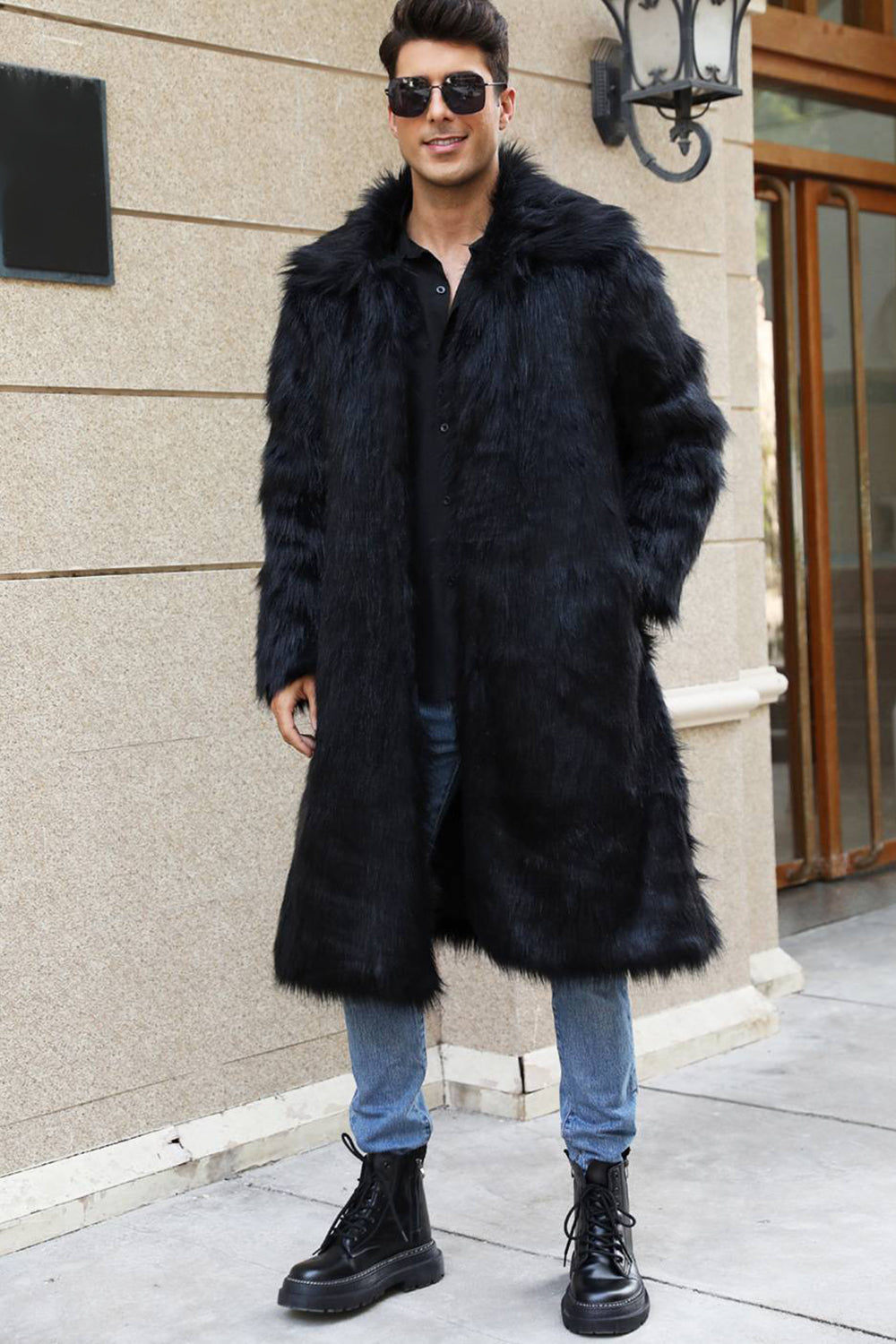Manteau Homme Hiver Doublé Col Évasé avec Imitation Fourrure