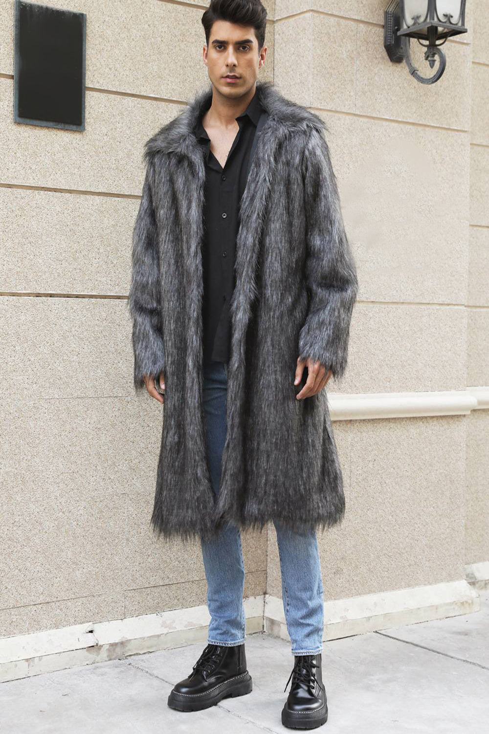 Manteau Homme Hiver Doublé Col Évasé avec Imitation Fourrure