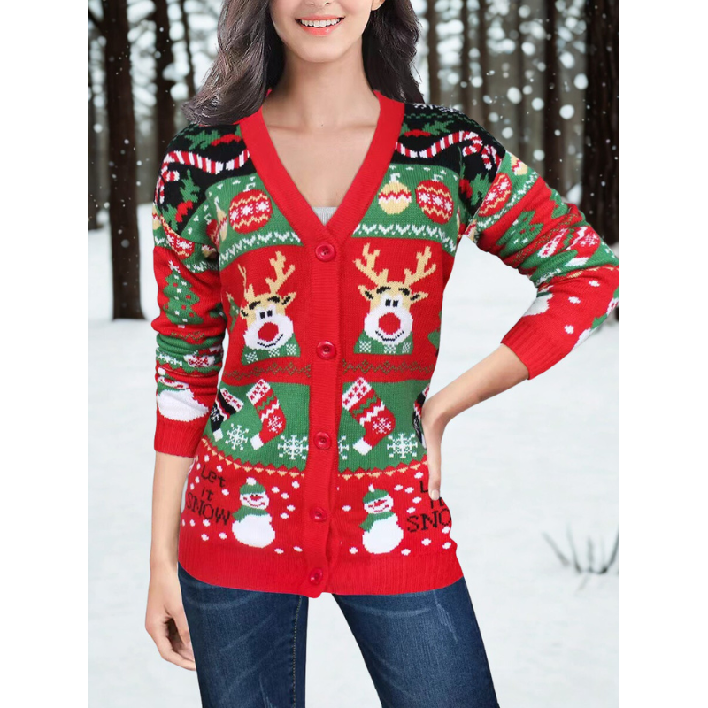 Gilet Femme Hiver Tricoté – Cardigan Chic Col V avec Boutons & Motifs Neige - LuxeStyle