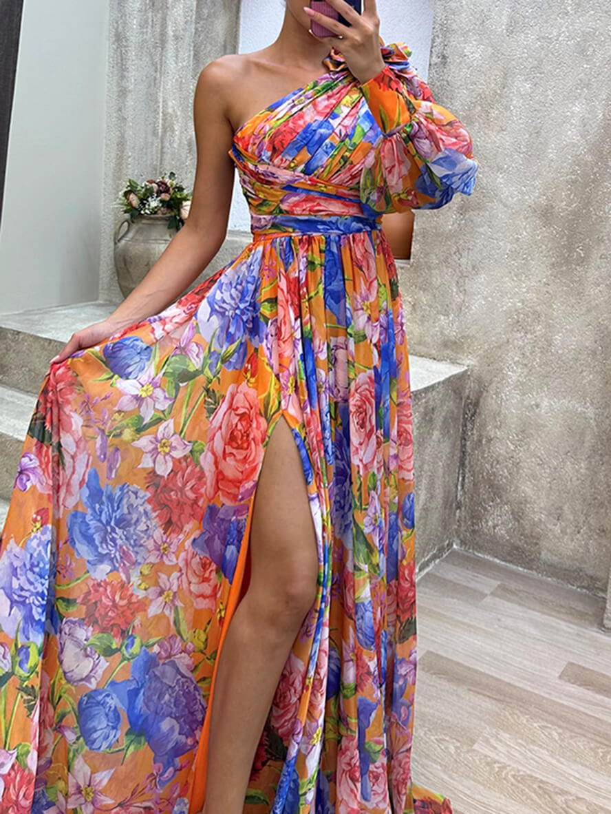 Robe de Soirée Élégante pour Femme - Longue Robe Florale à Épaules Découvertes