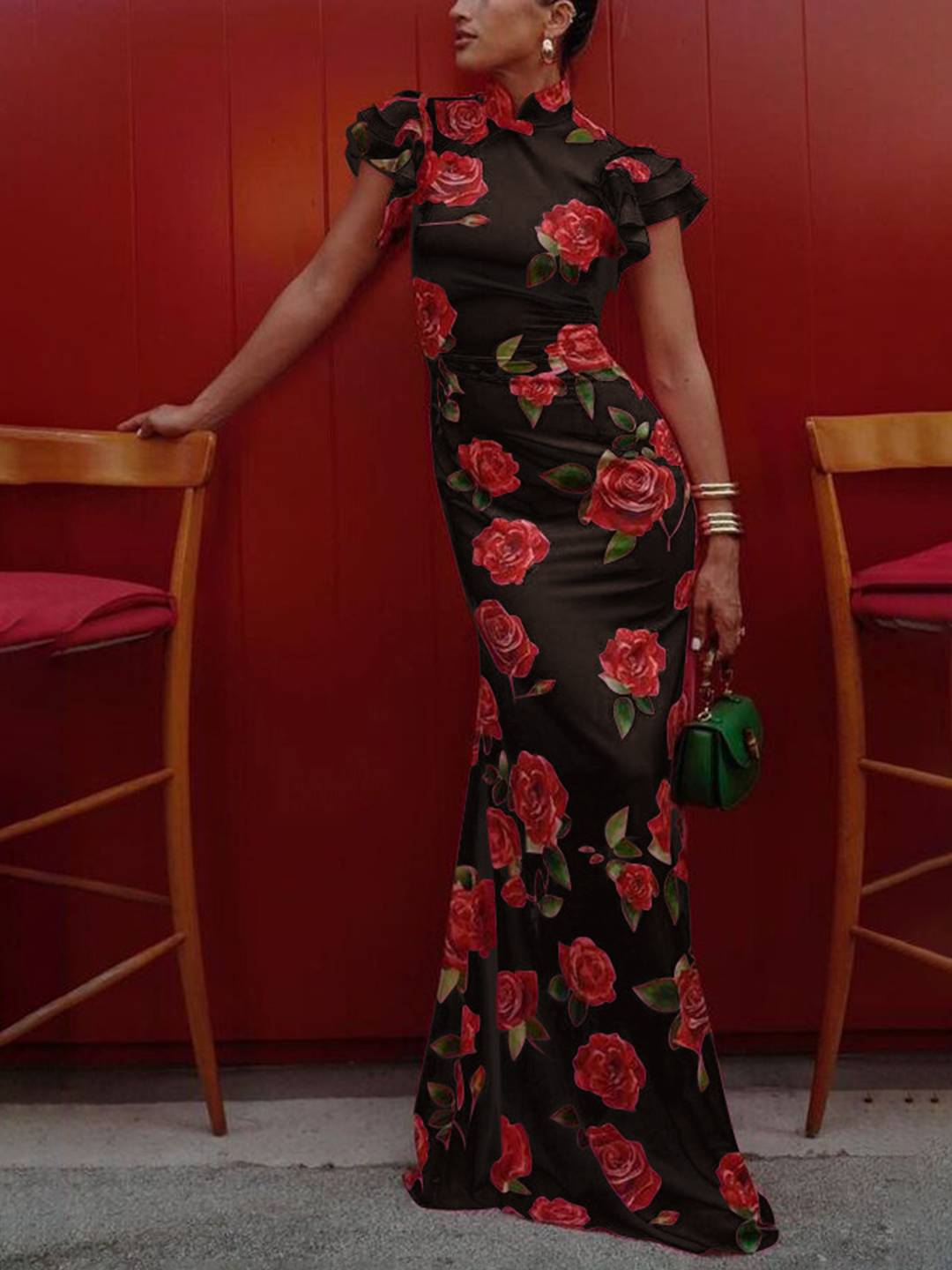 Robe de Soirée Élégante pour Femme - Longue Robe Fleuri avec Décolleté et Volants - LuxeStyle