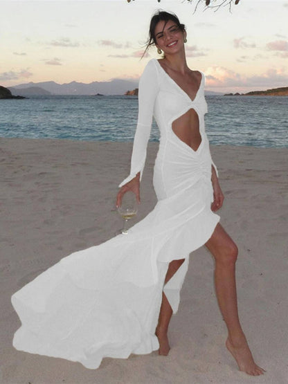Robe de Plage Élégante Femme - Longue Robe Plissée avec Décolleté Profond et Manches Bouffantes