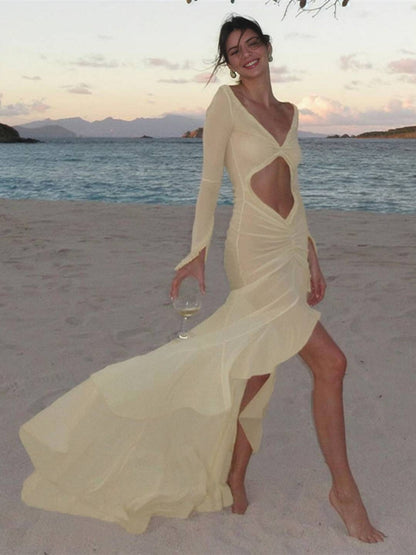Robe de Plage Élégante Femme - Longue Robe Plissée avec Décolleté Profond et Manches Bouffantes