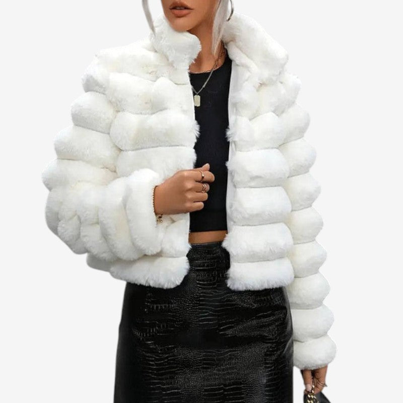 Veste Fausse Fourrure Élégante avec Col Montant et Manches Longues