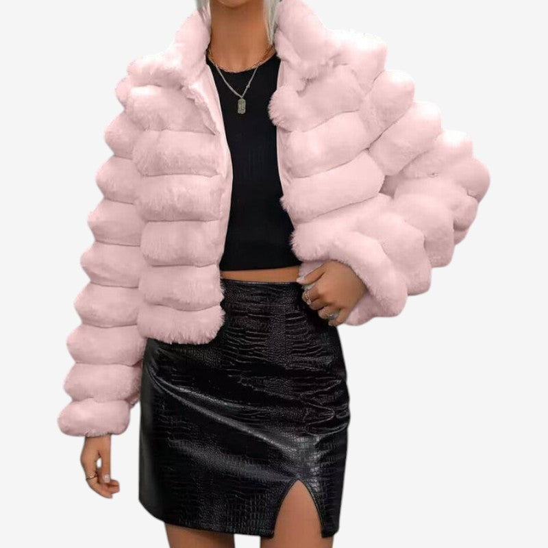 Veste Fausse Fourrure Élégante avec Col Montant et Manches Longues