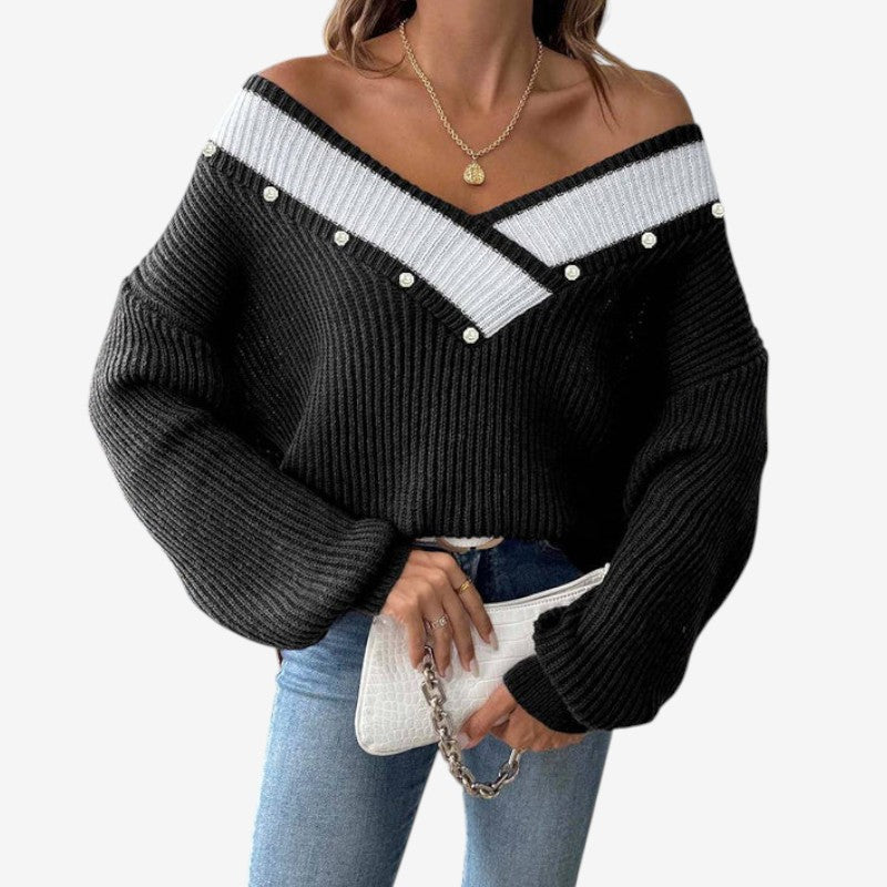 Pull femme décontracté à col V et manches longues - LuxeStyle