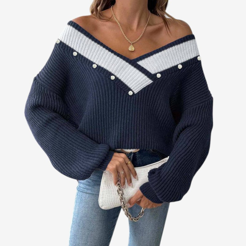 Pull femme décontracté à col V et manches longues