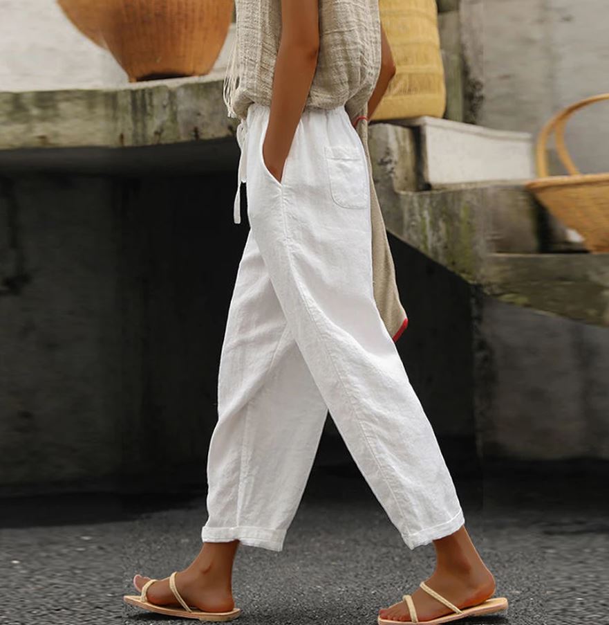 Pantalon casual chic noir femme en lin