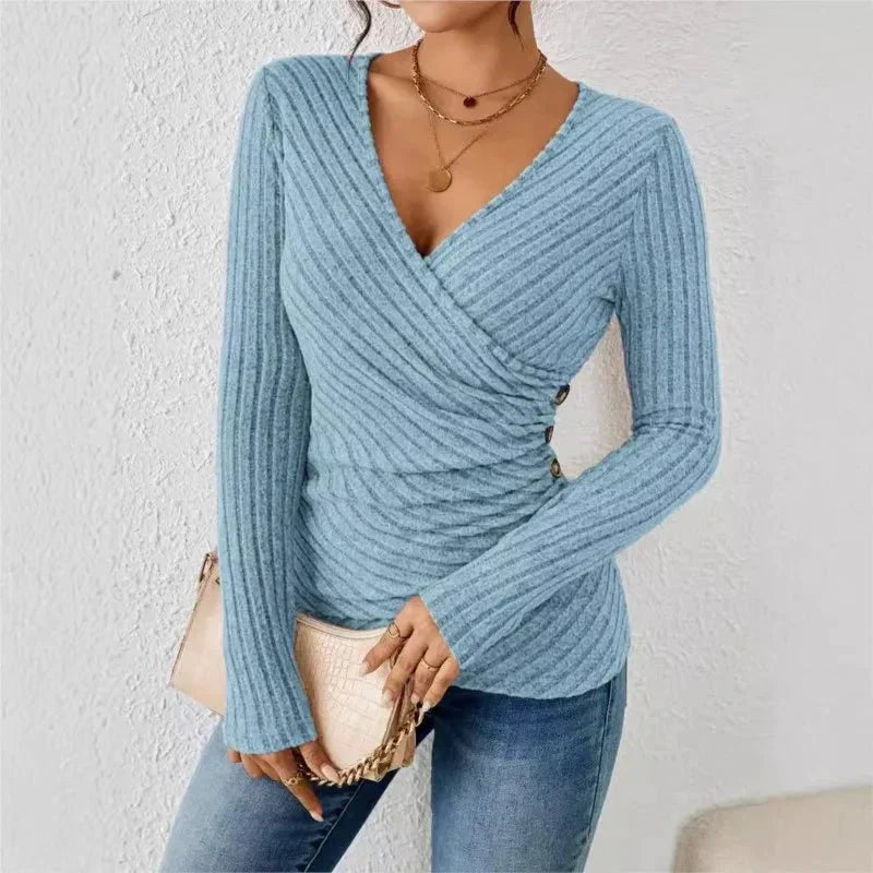 Haut Col V Femme Élégant - Top Stretch Chic et Doux