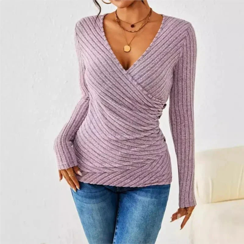 Haut Col V Femme Élégant - Top Stretch Chic et Doux