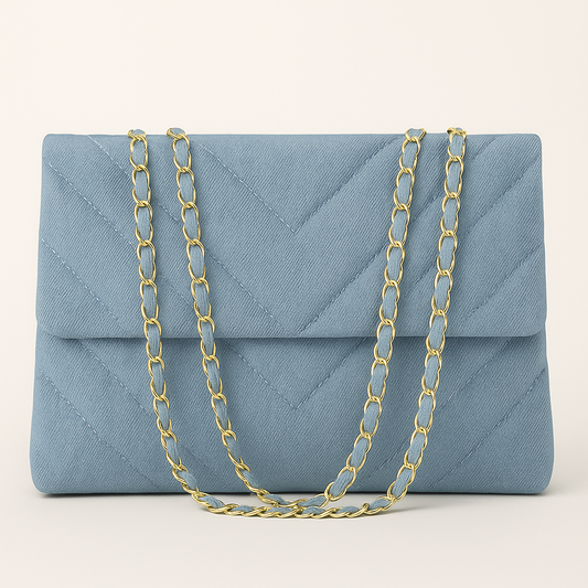 Sac à Main Femme Élégant Toile Chevron avec Chaîne Or - LuxeStyle