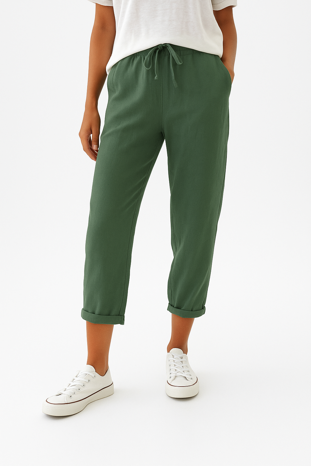 Pantalon décontracté beige en lin pour femme → Pantalon décontracté Beige Chic en Lin