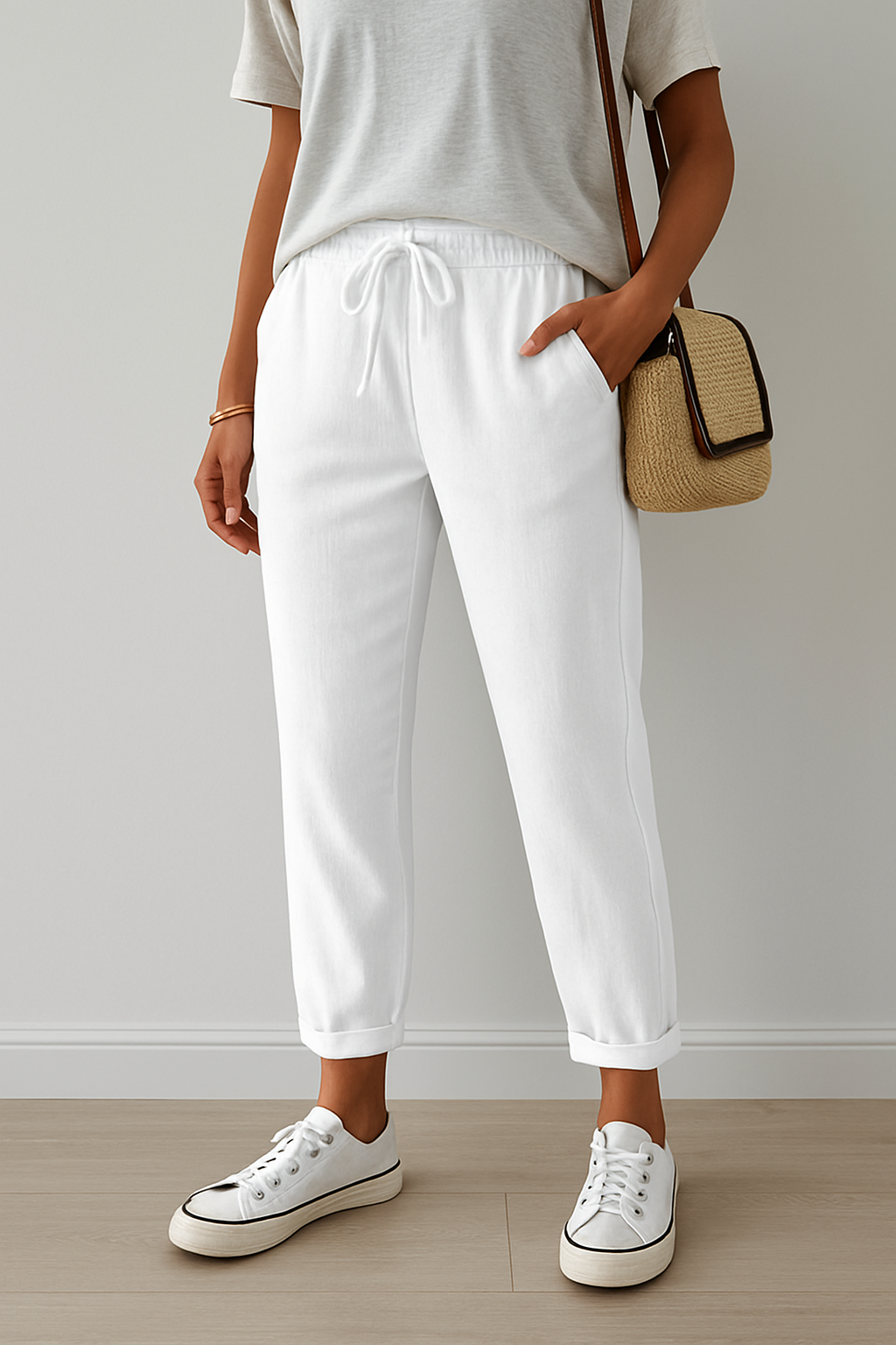 Pantalon décontracté beige en lin pour femme → Pantalon décontracté Beige Chic en Lin