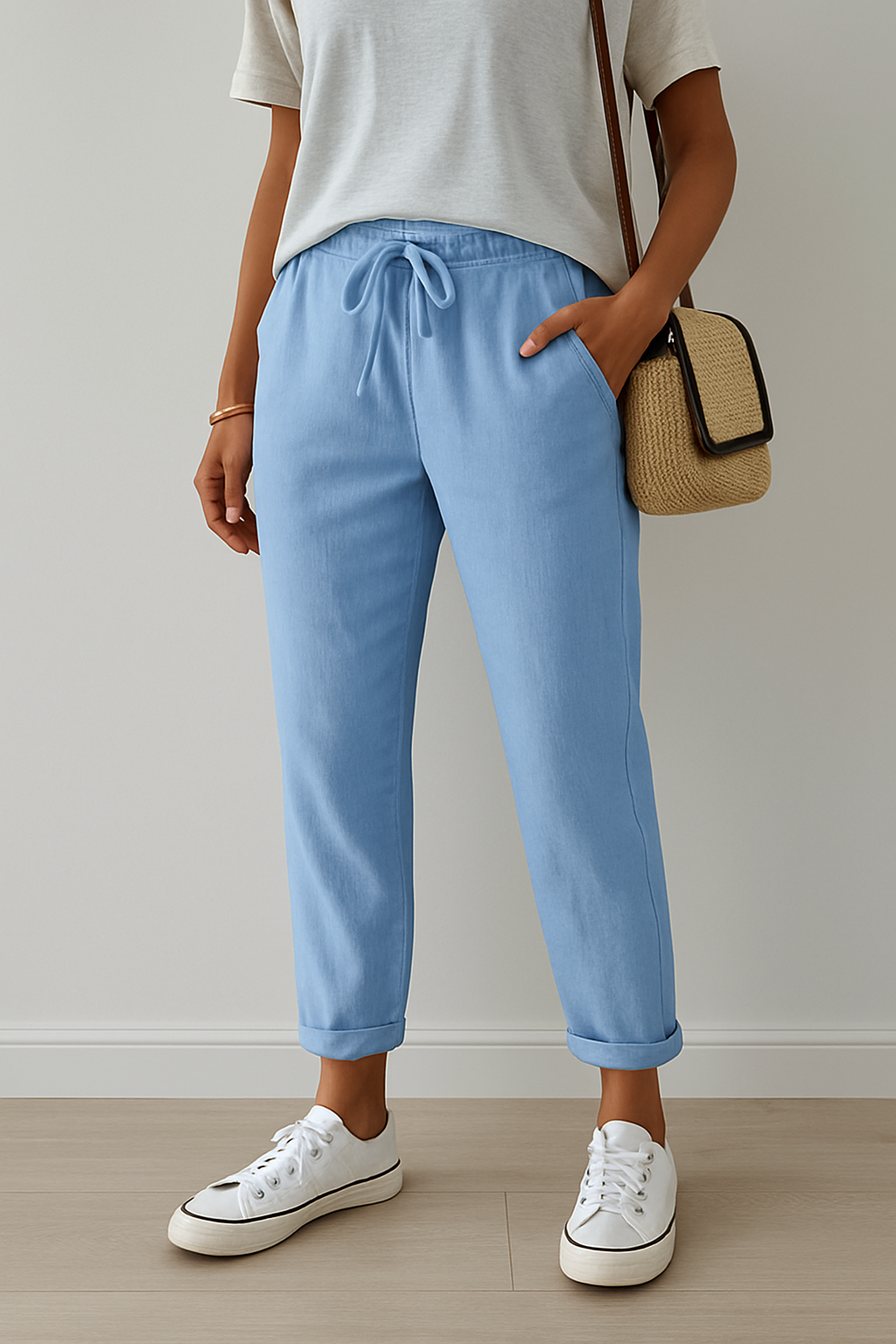 Pantalon décontracté beige en lin pour femme → Pantalon décontracté Beige Chic en Lin