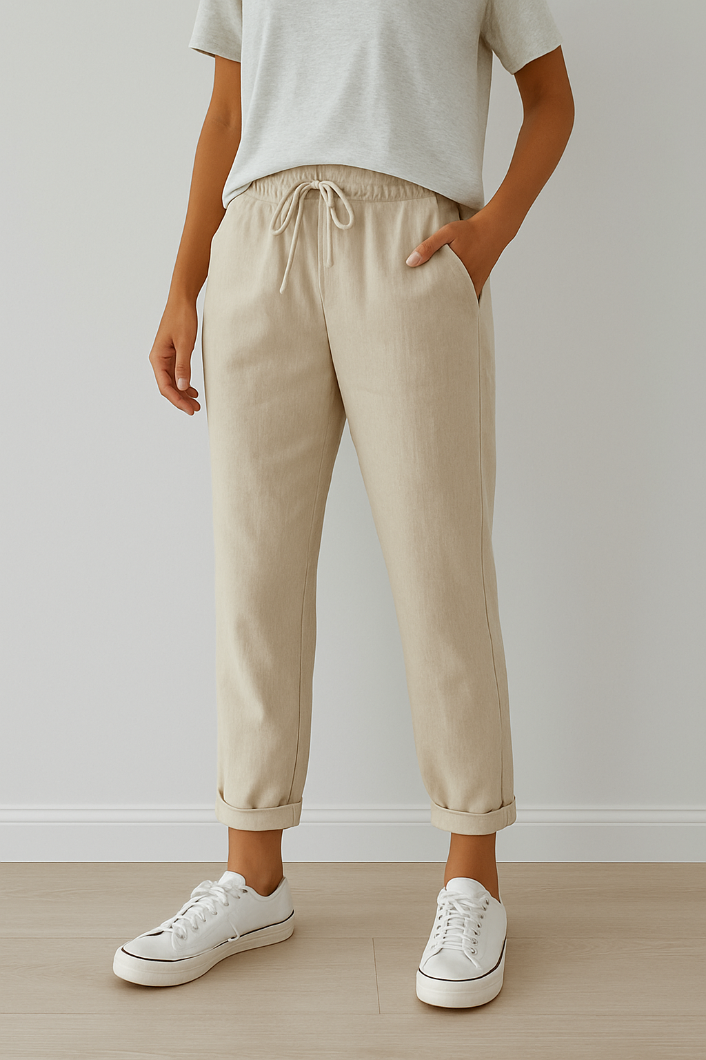Pantalon décontracté beige en lin pour femme → Pantalon décontracté Beige Chic en Lin - LuxeStyle