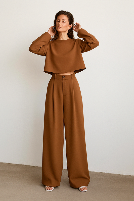 Ensemble Deux Pièces Féminin Élégant Pour Femme Avec Pantalon Fluide Et Haut Chic À Manches Longues - LuxeStyle