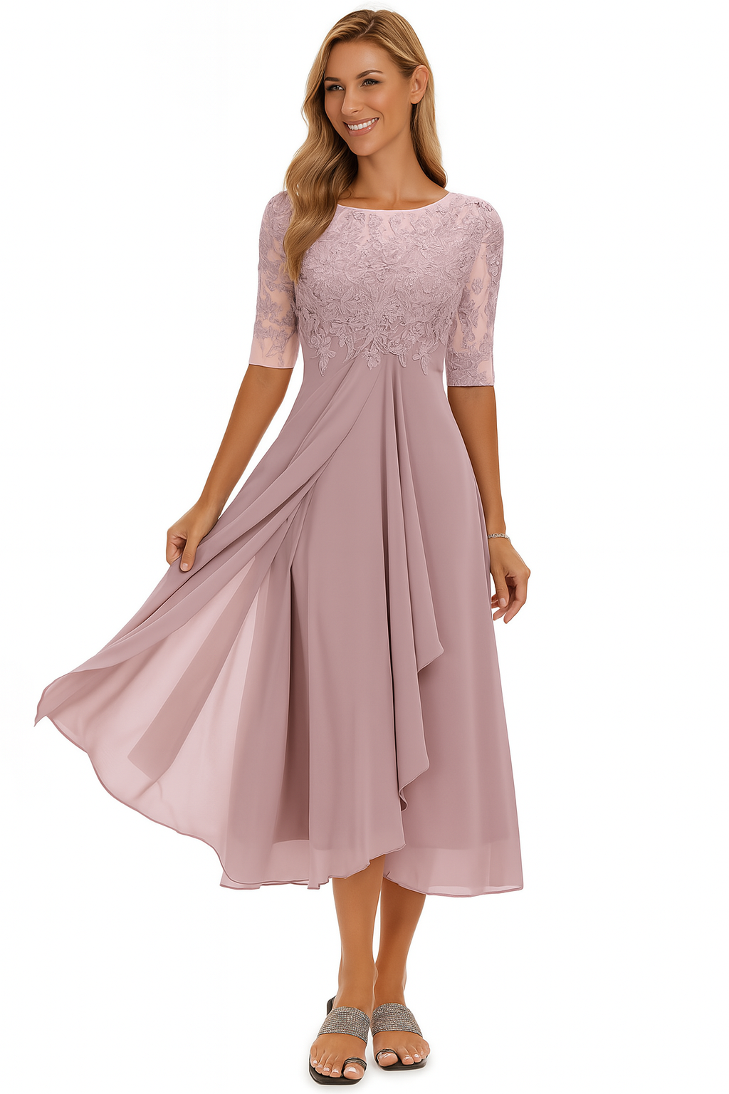 Robe Femme Chic Dentelle Chiffon Mi-Longue