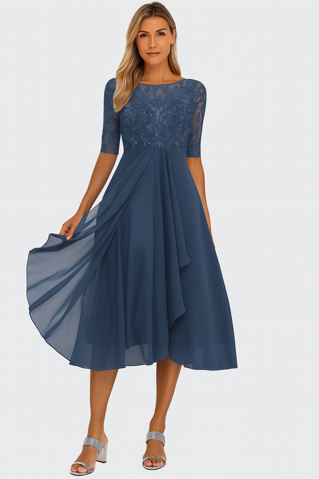 Robe Femme Chic Dentelle Chiffon Mi-Longue